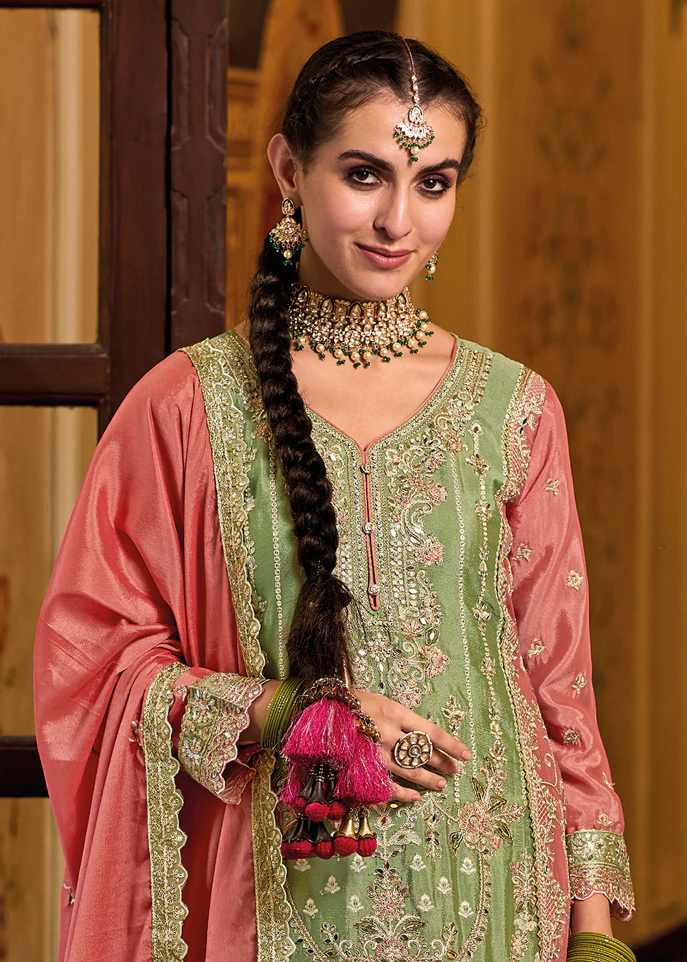 Palazzo Style Chinnon Green Embroidered Festive Suit - Image 3