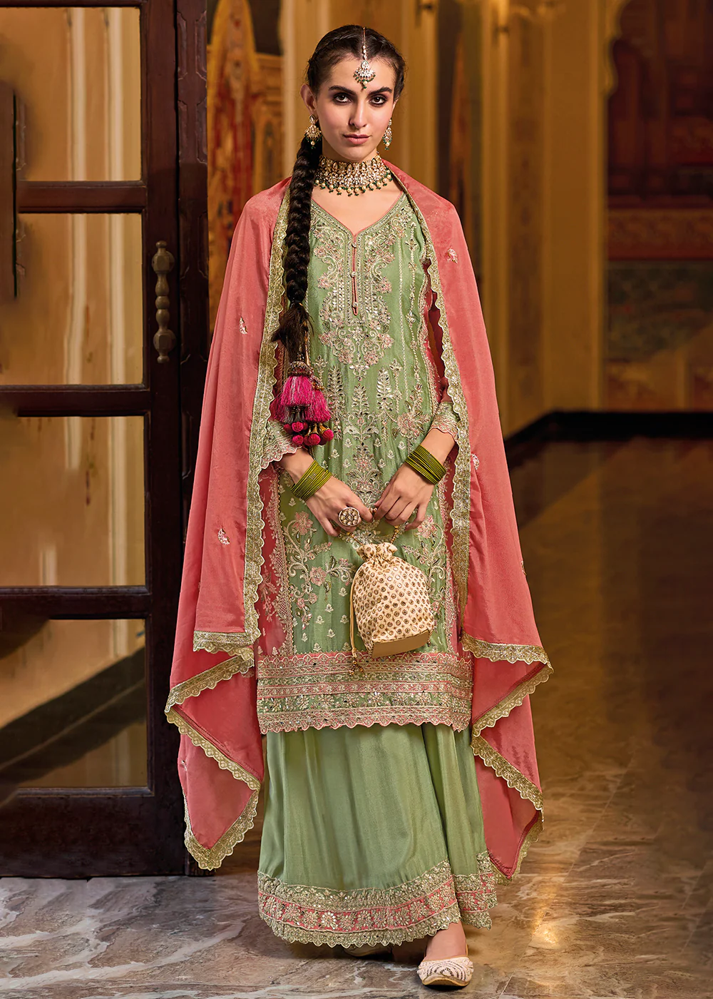 Palazzo Style Chinnon Green Embroidered Festive Suit - Image 4