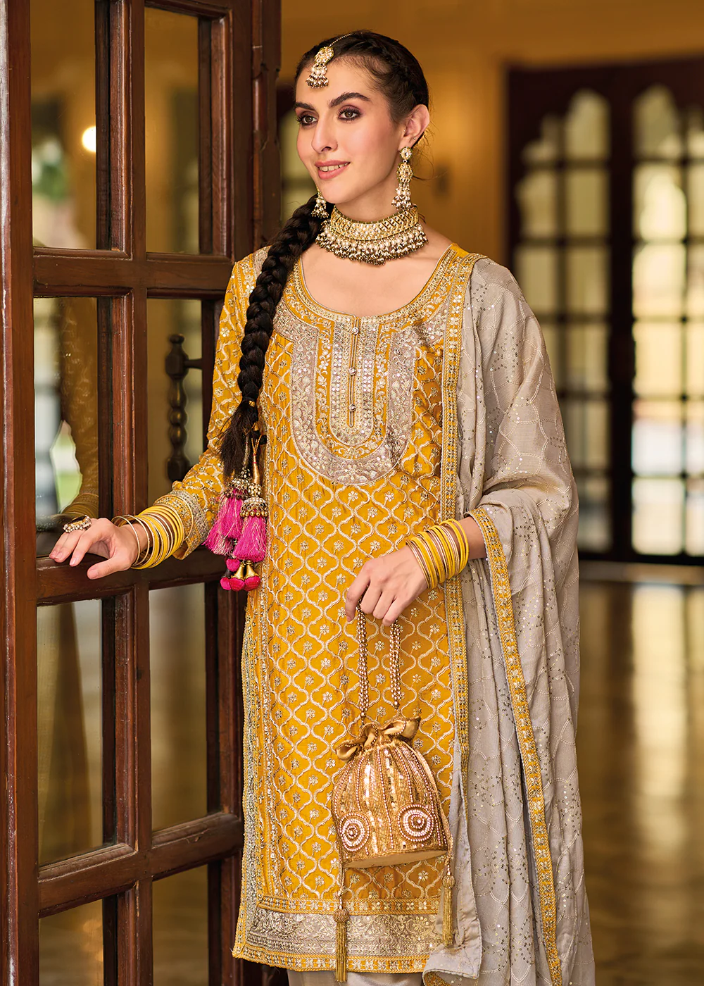 Palazzo Style Chinnon Mustard Embroidered Festive Suit - Image 2