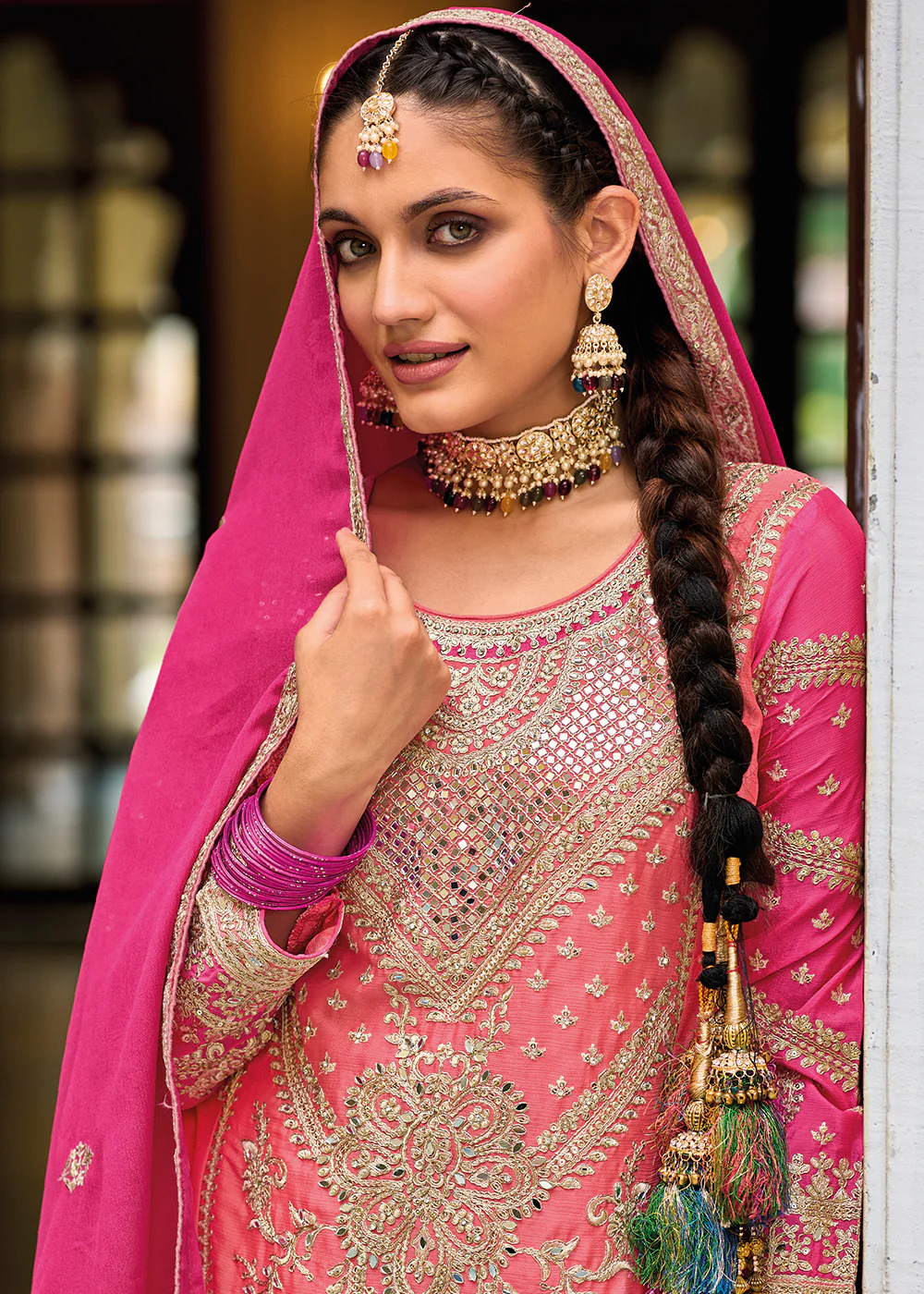 Palazzo Style Chinnon Pink Embroidered Festive Suit - Image 2