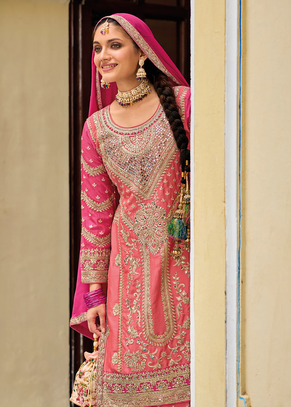 Palazzo Style Chinnon Pink Embroidered Festive Suit - Image 3