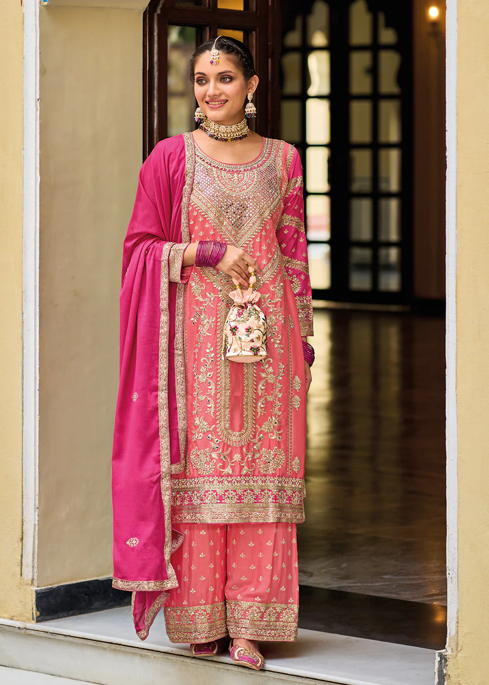 Palazzo Style Chinnon Pink Embroidered Festive Suit - Image 4