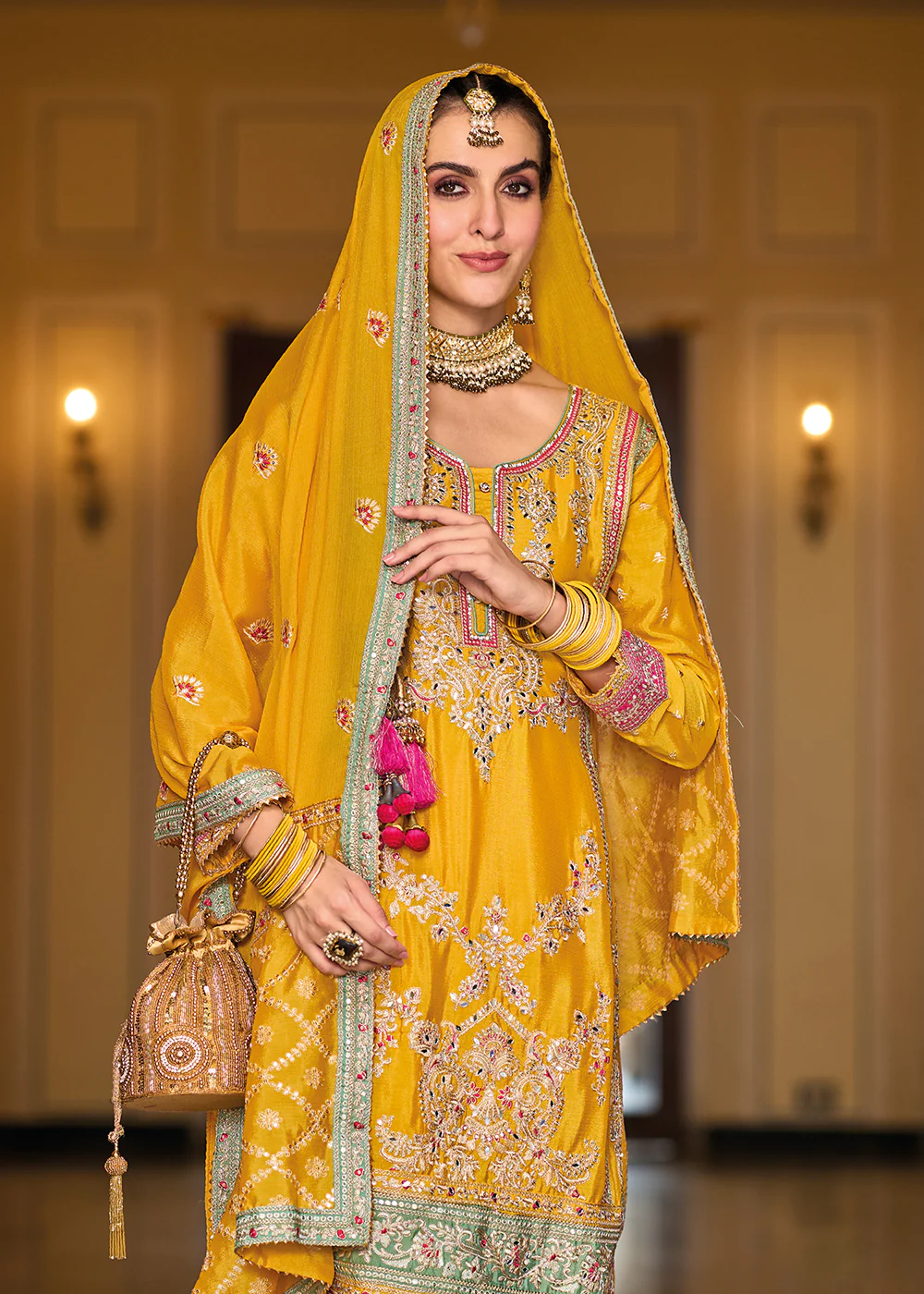 Palazzo Style Chinnon Yellow Embroidered Festive Suit - Image 2