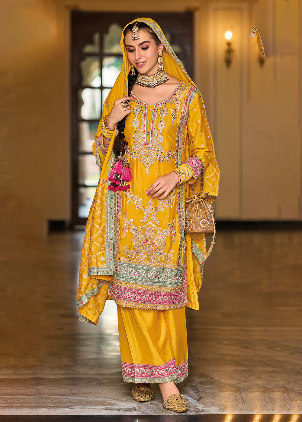 Palazzo Style Chinnon Yellow Embroidered Festive Suit - Image 3