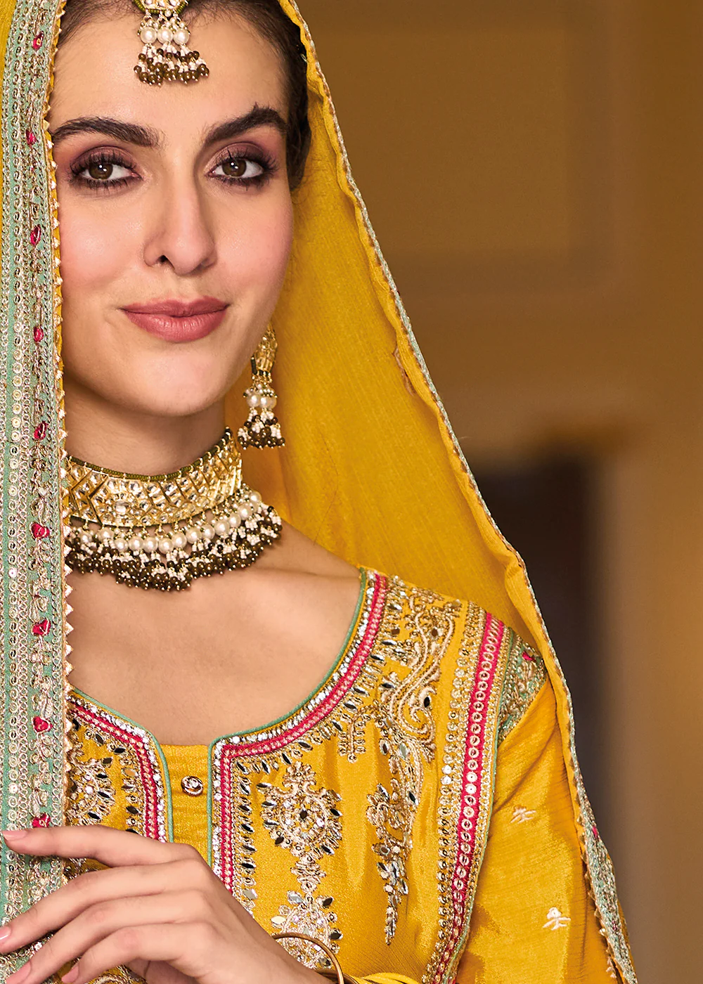 Palazzo Style Chinnon Yellow Embroidered Festive Suit - Image 4