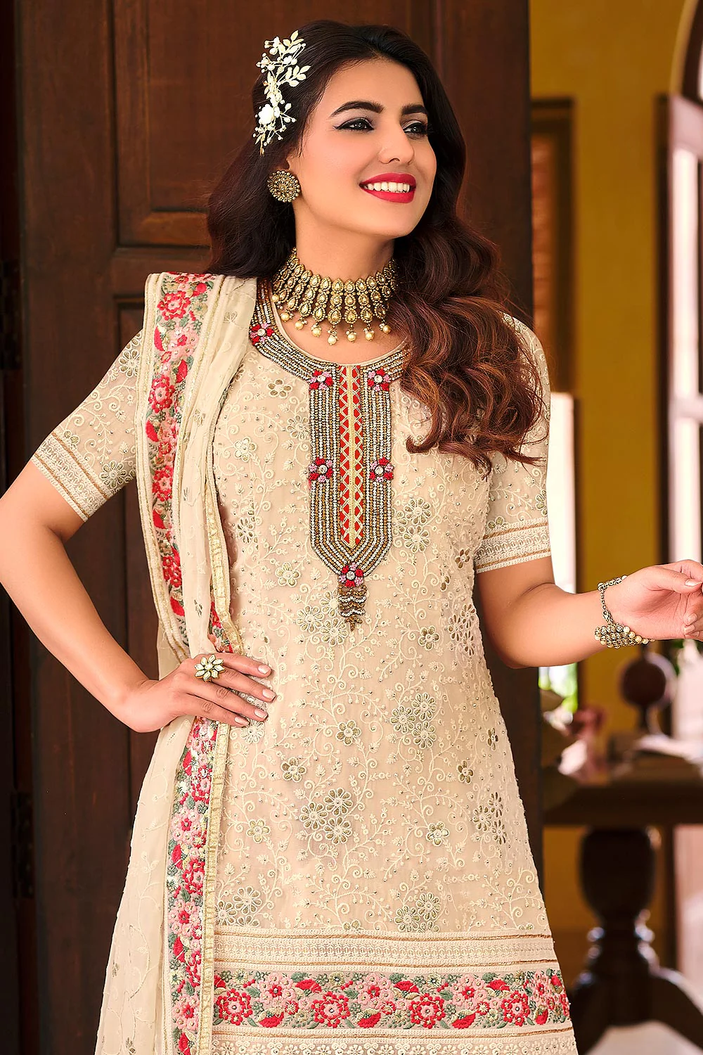 Palazzo Style Cream Embellished Georgette Suit - Image 3