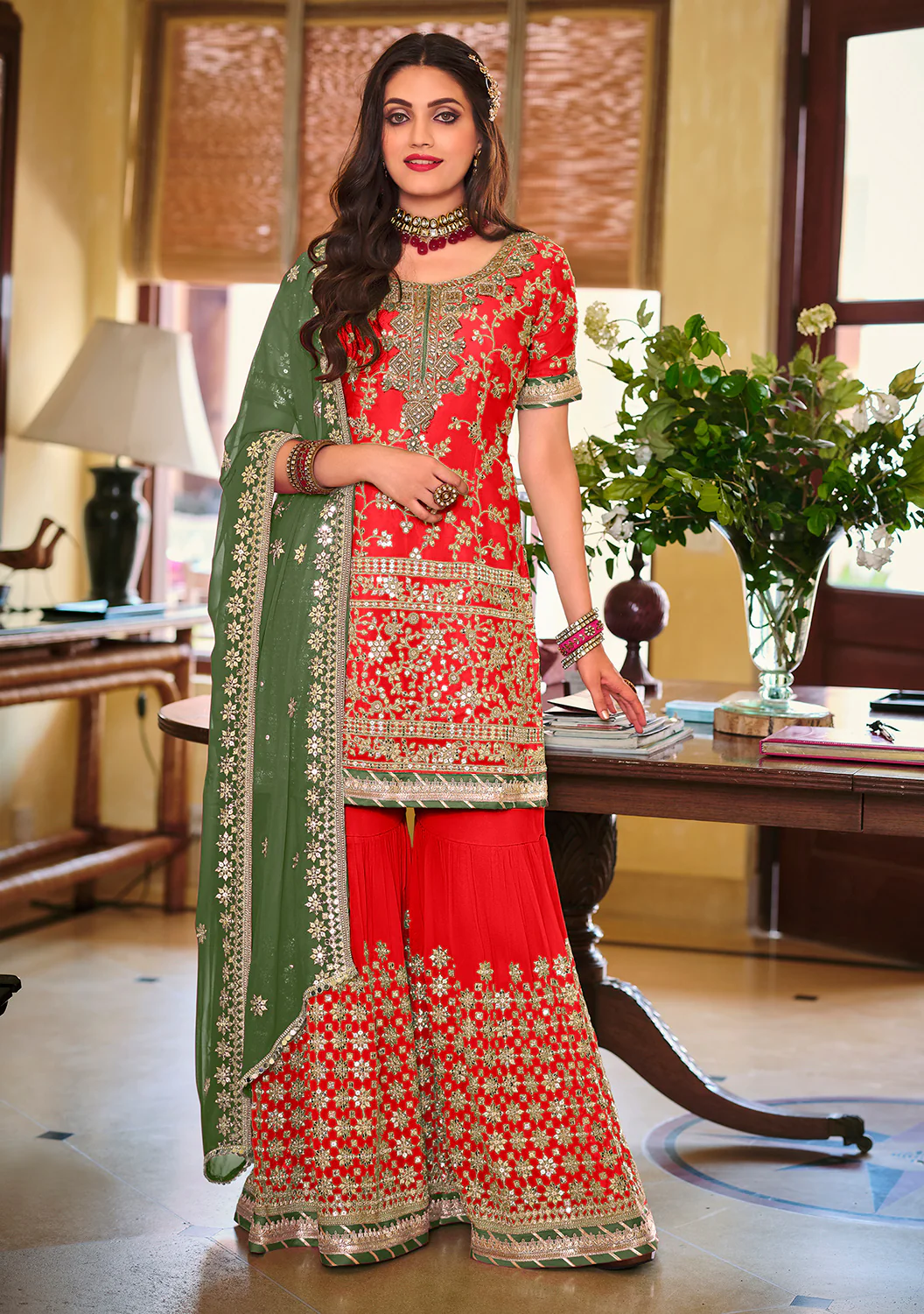 Palazzo Style Crimson Red Embellished Georgette Suit