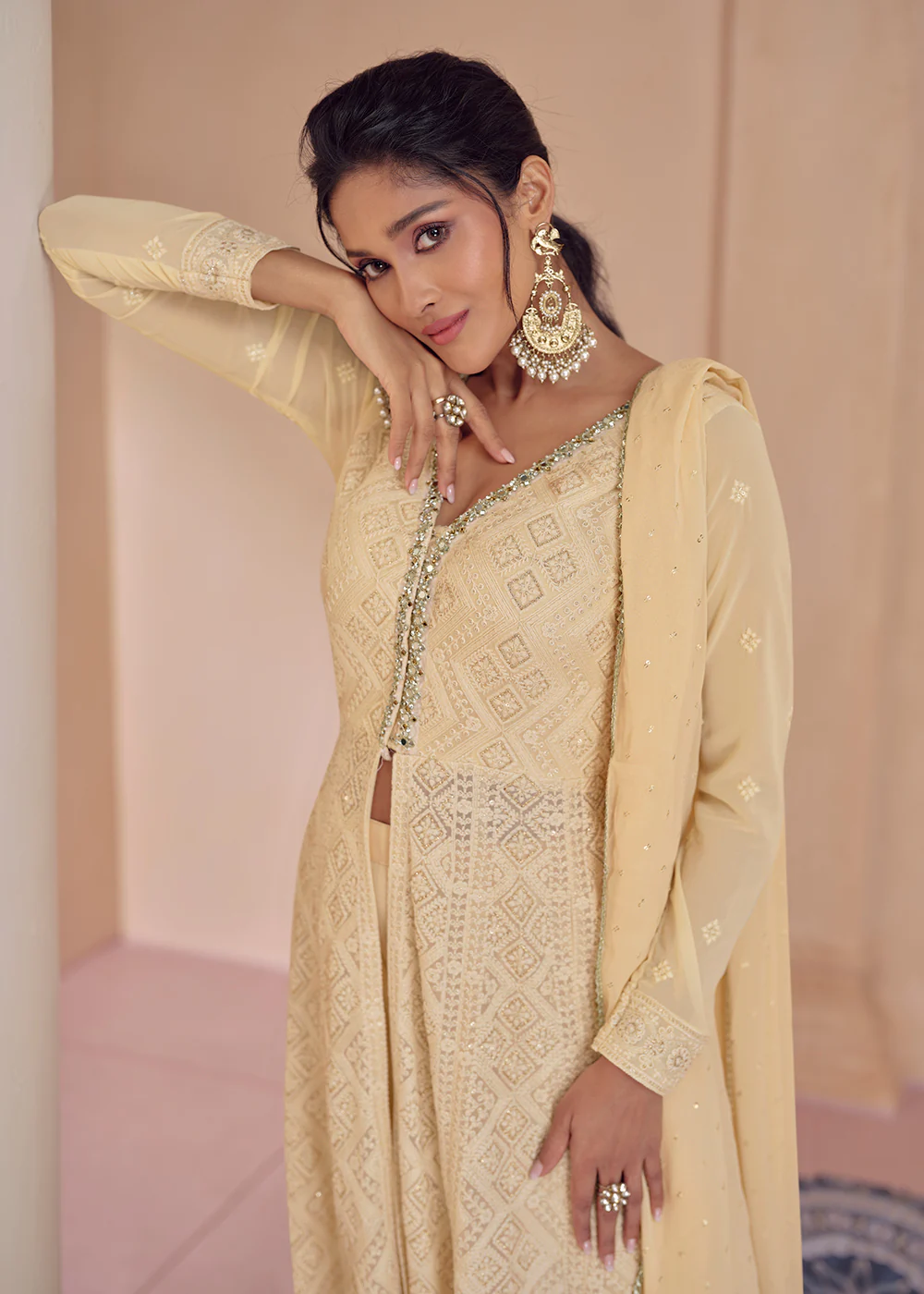 Palazzo Style Fawn Yellow Lucknowi Embroidered Anarkali Suit - Image 2