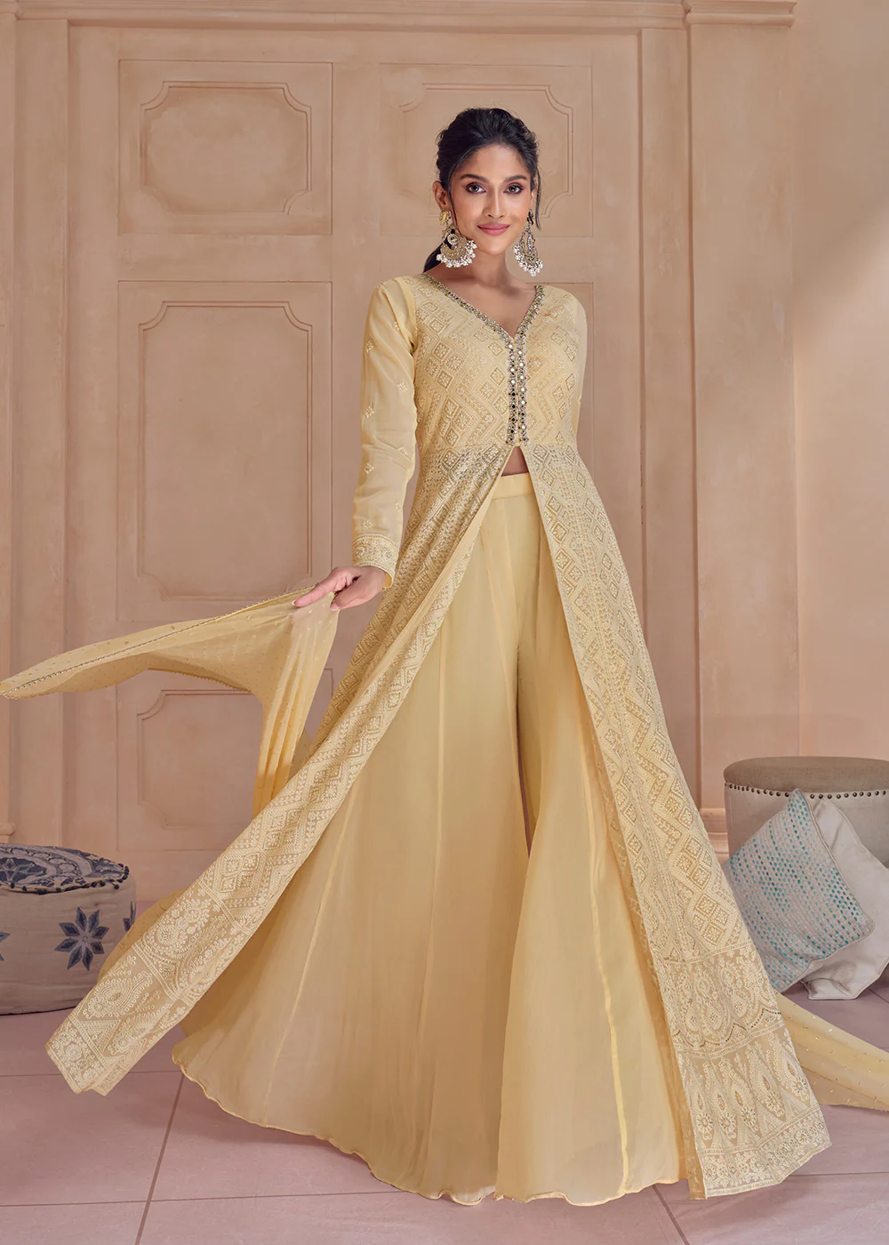 Palazzo Style Fawn Yellow Lucknowi Embroidered Anarkali Suit - Image 3