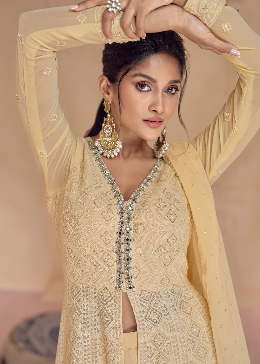 Palazzo Style Fawn Yellow Lucknowi Embroidered Anarkali Suit - Image 4