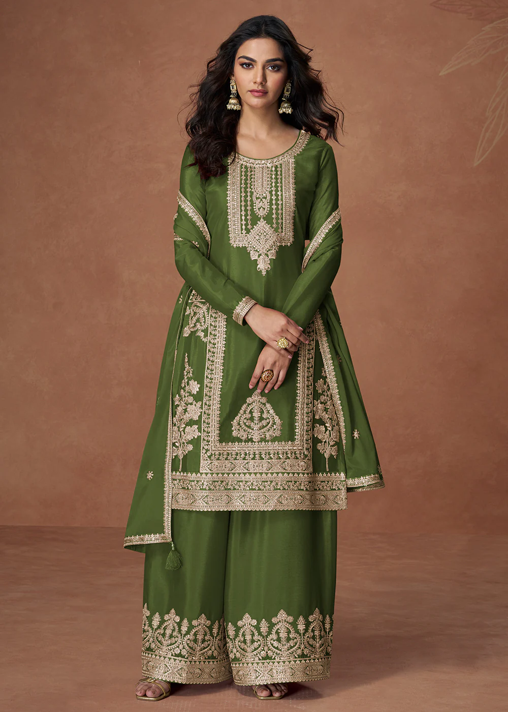 Palazzo Style Green Embroidered Chinnon Wedding Suit