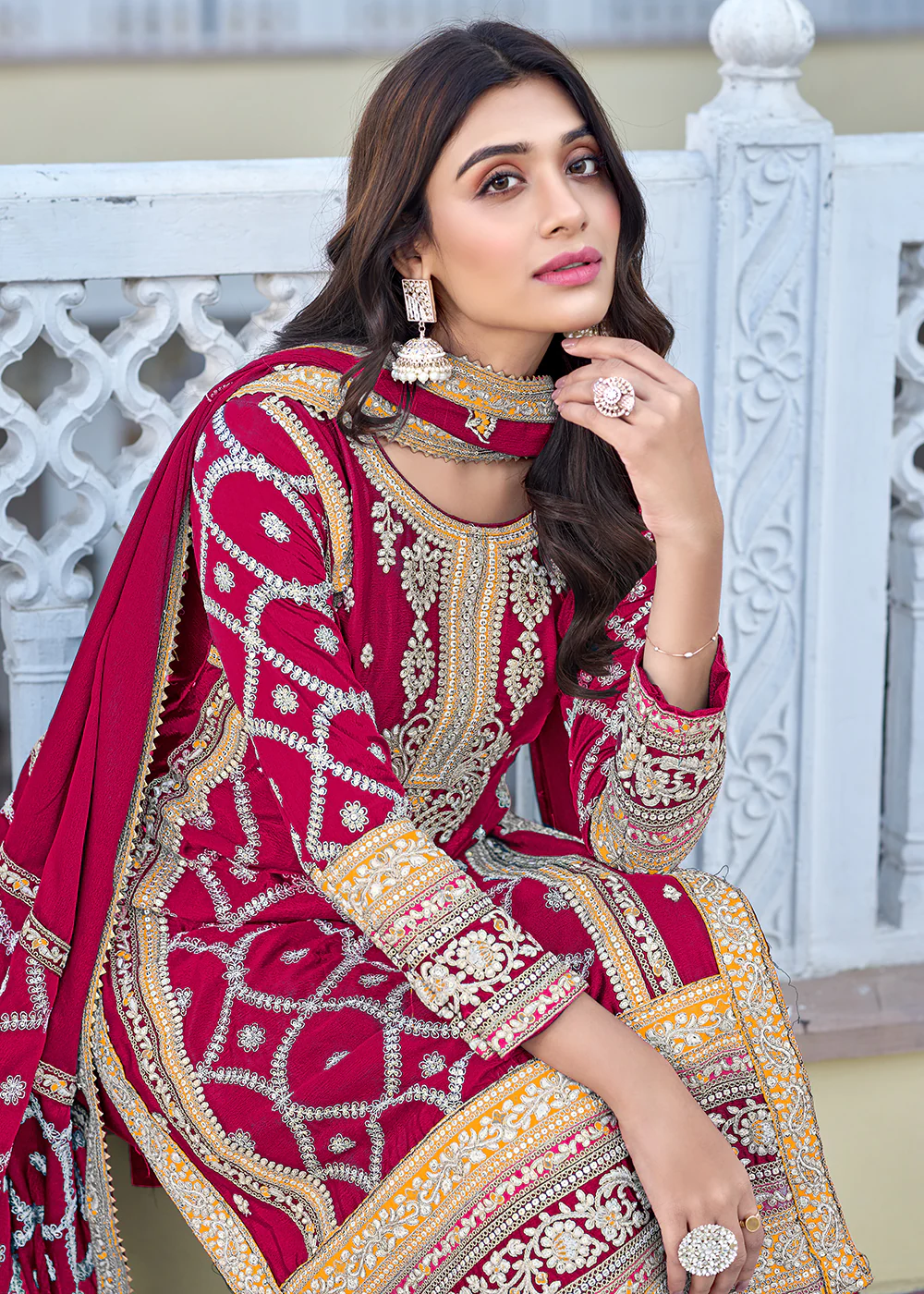 Palazzo Style Hot Pink Chinnon Embroidered Salwar Suit - Image 2