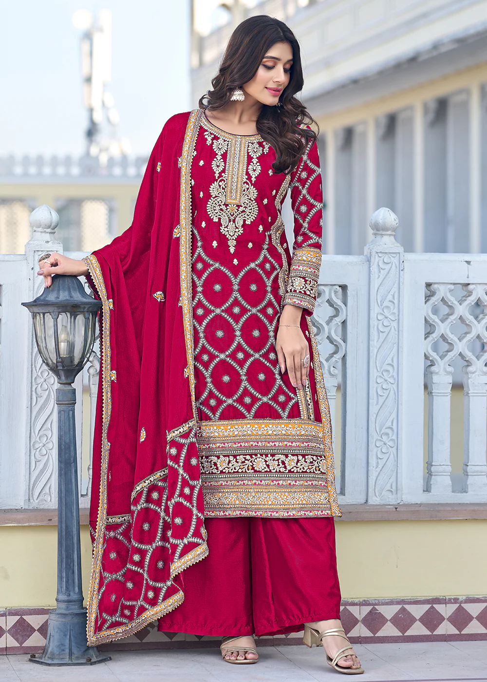 Palazzo Style Hot Pink Chinnon Embroidered Salwar Suit - Image 3
