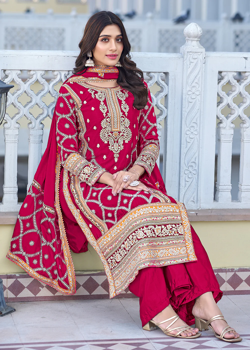 Palazzo Style Hot Pink Chinnon Embroidered Salwar Suit - Image 4