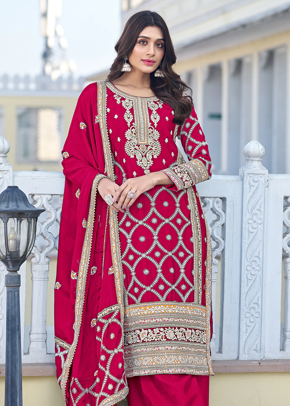 Palazzo Style Hot Pink Chinnon Embroidered Salwar Suit - Image 5