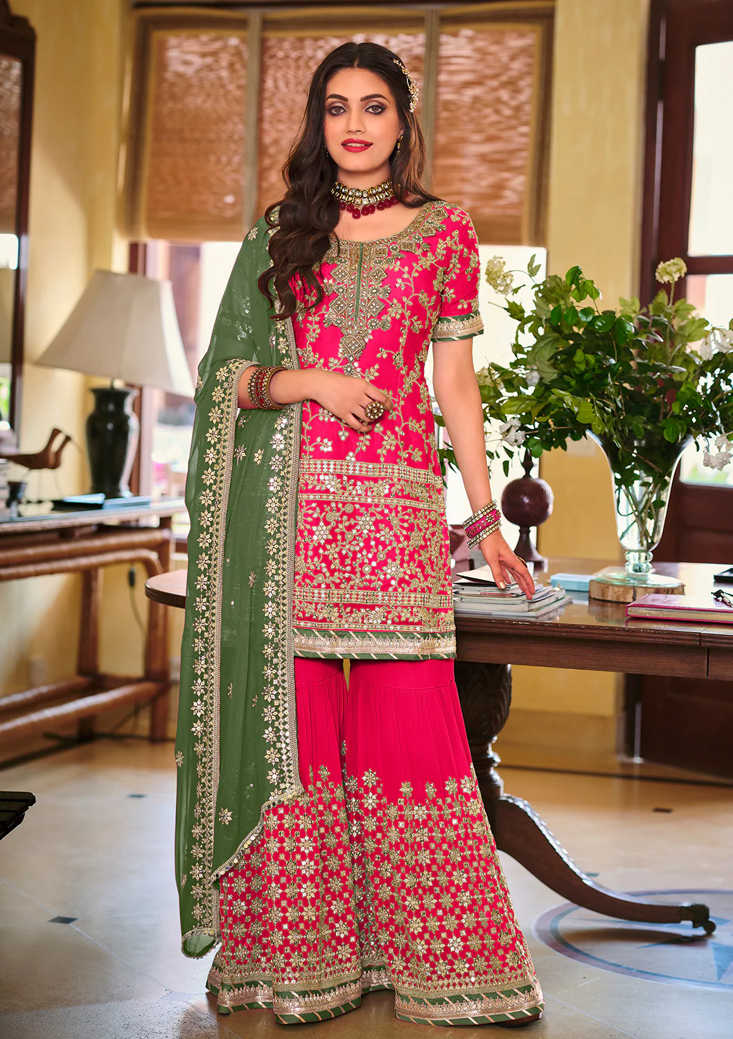 Palazzo Style Hot Pink Embellished Georgette Suit