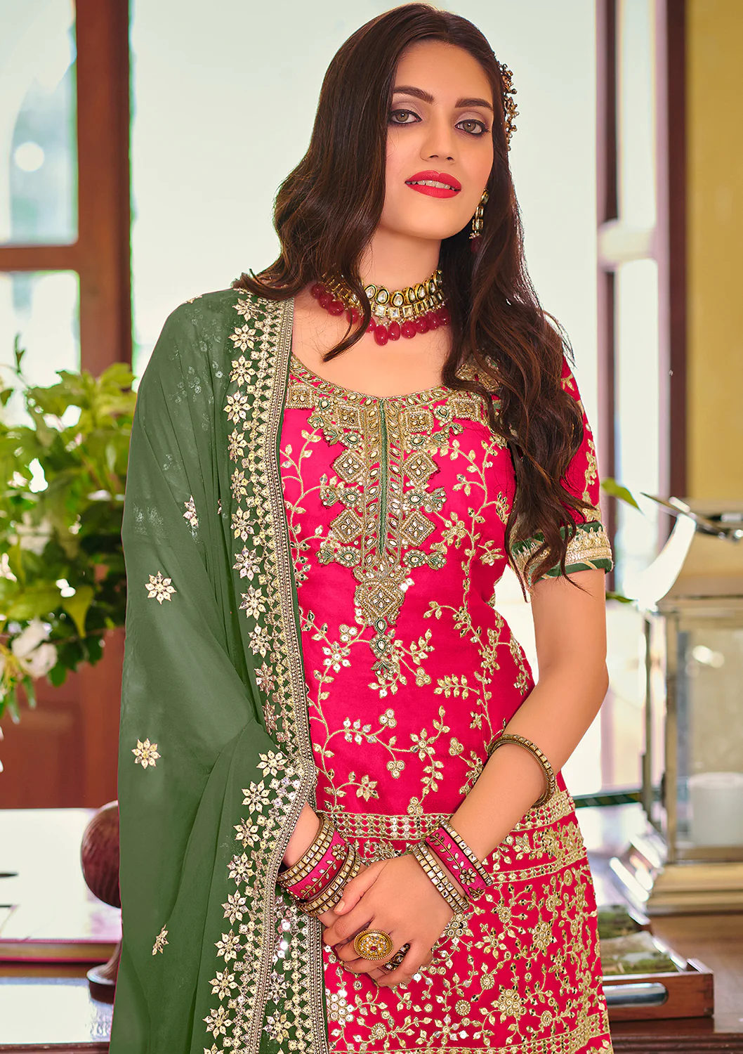 Palazzo Style Hot Pink Embellished Georgette Suit - Image 2