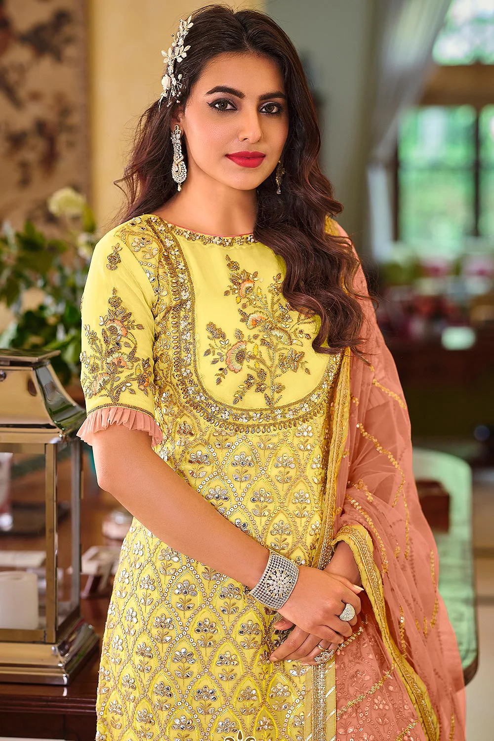 Palazzo Style Lemon Yellow Embellished Georgette Suit - Image 2