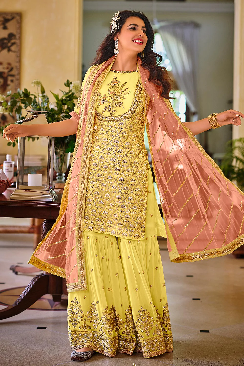 Palazzo Style Lemon Yellow Embellished Georgette Suit - Image 3