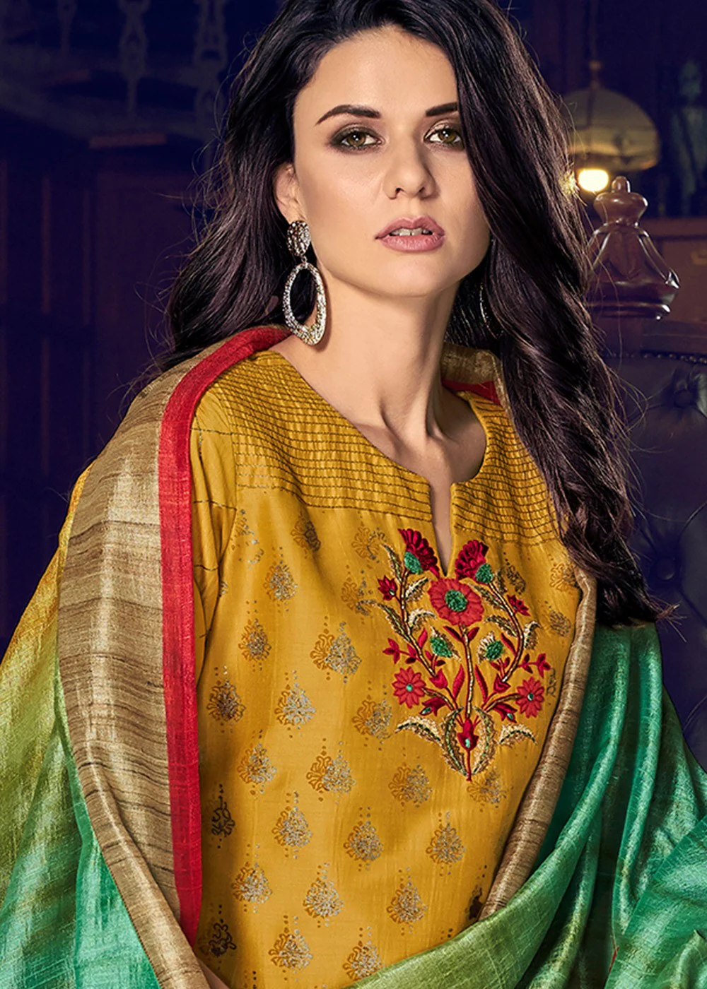 Palazzo Style Mustard Yellow Embroidered Designer Suit - Image 2