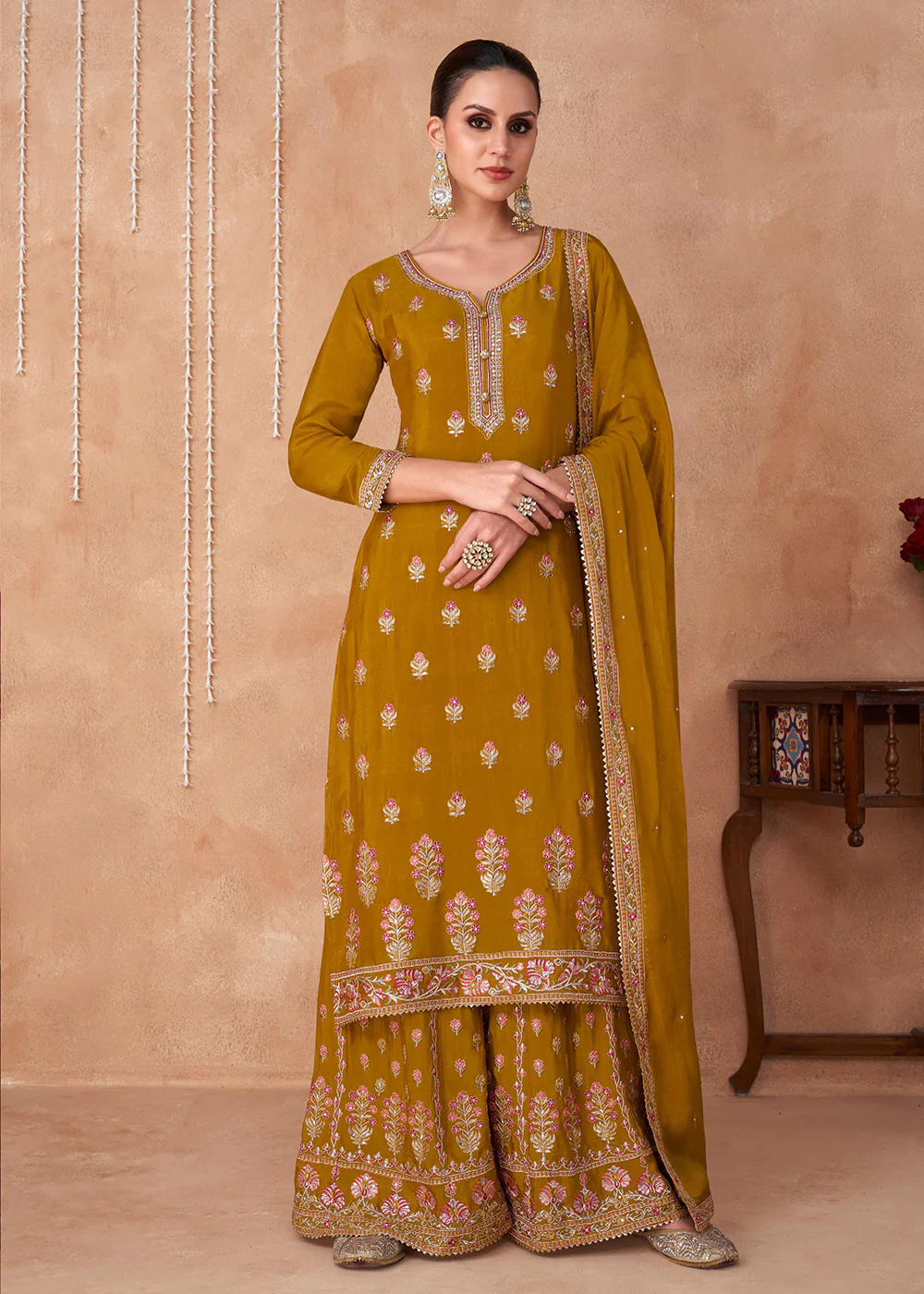 Palazzo Style Mustard Yellow Georgette & Chinon Salwar Suit