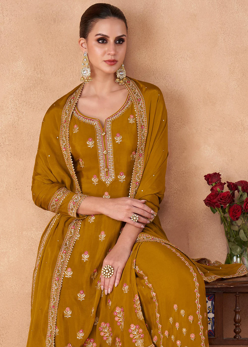 Palazzo Style Mustard Yellow Georgette & Chinon Salwar Suit - Image 2