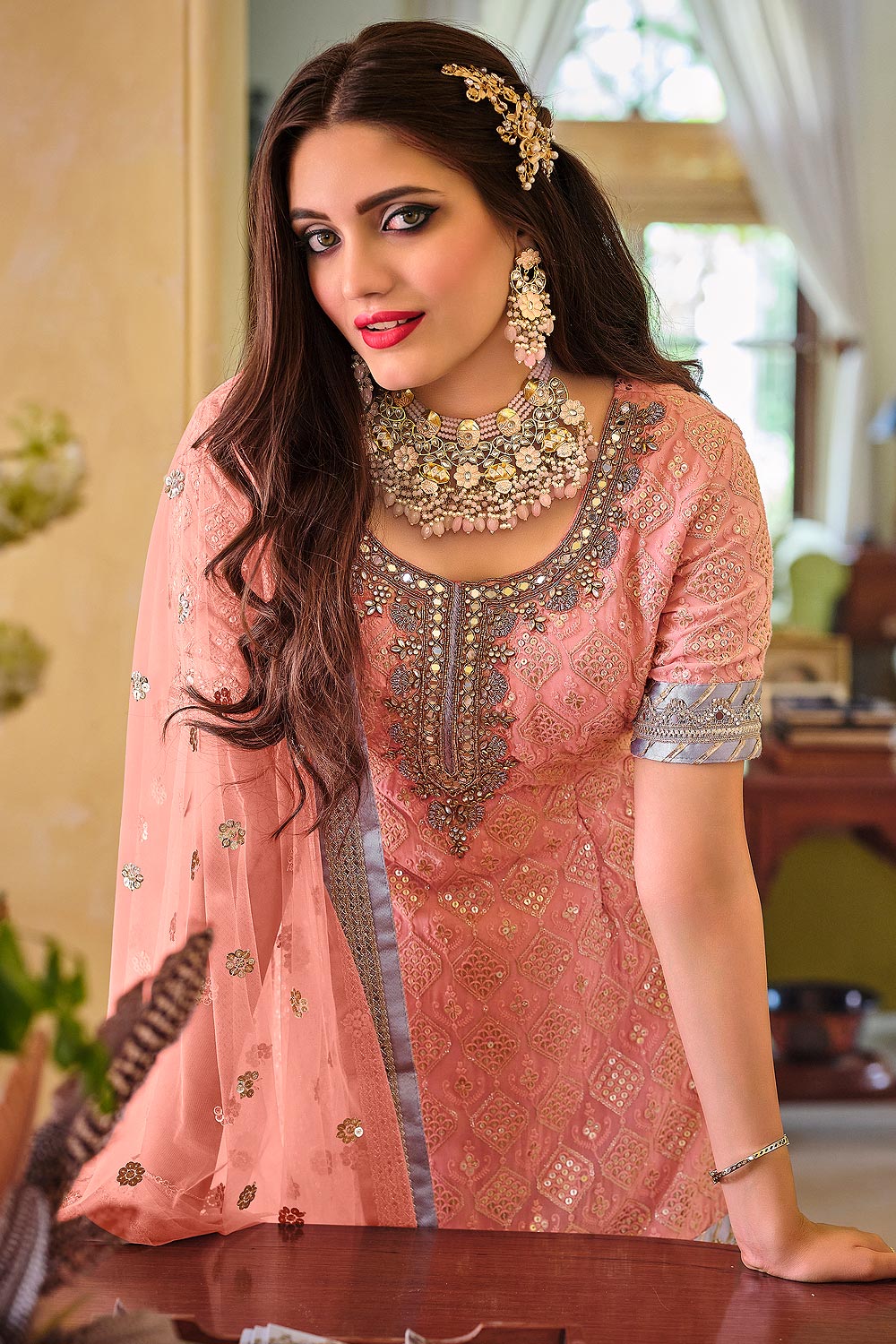 Palazzo Style Peach Embellished Georgette Suit - Image 3