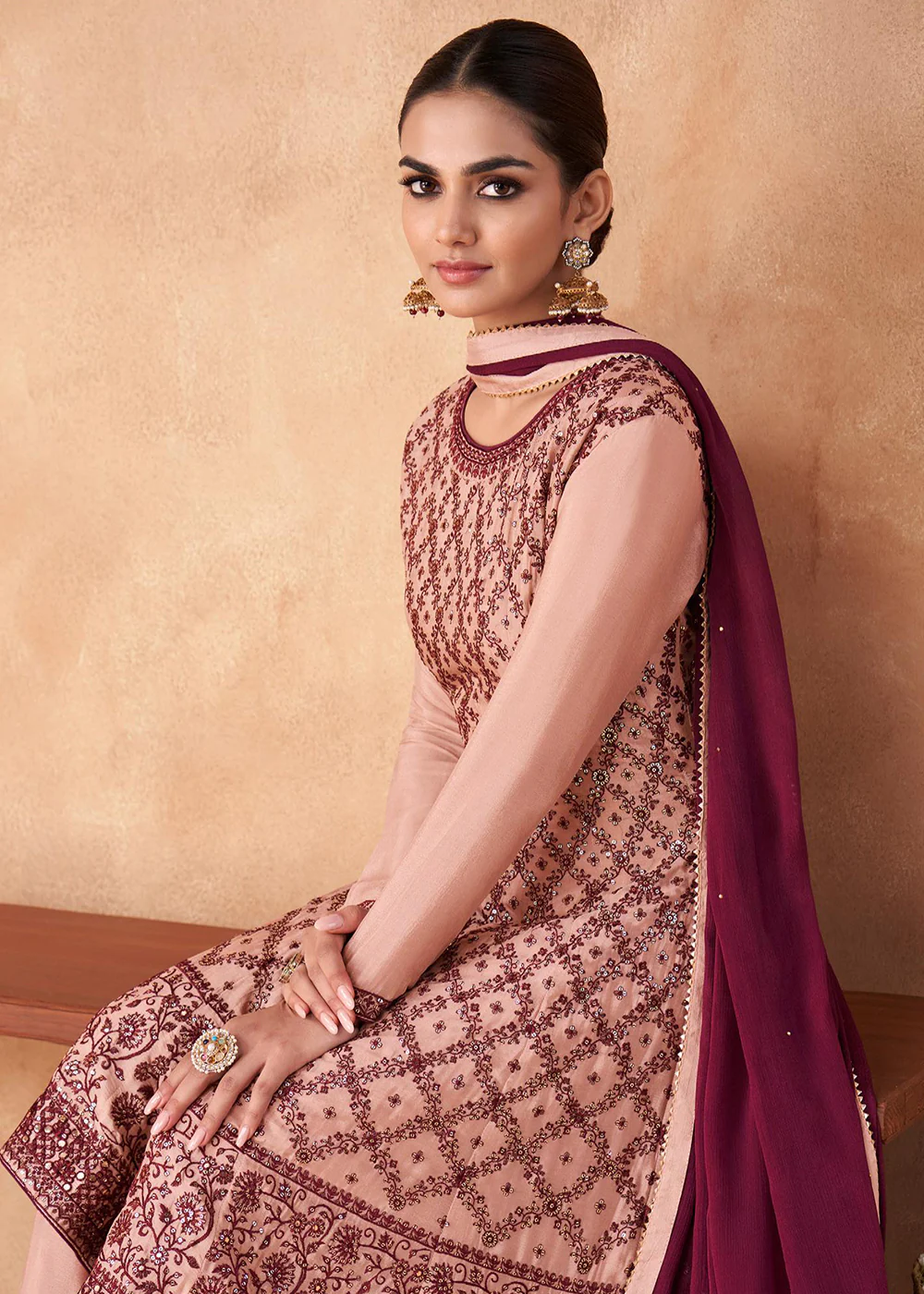 Palazzo Style Peachy Pink Georgette & Chinon Salwar Suit - Image 2