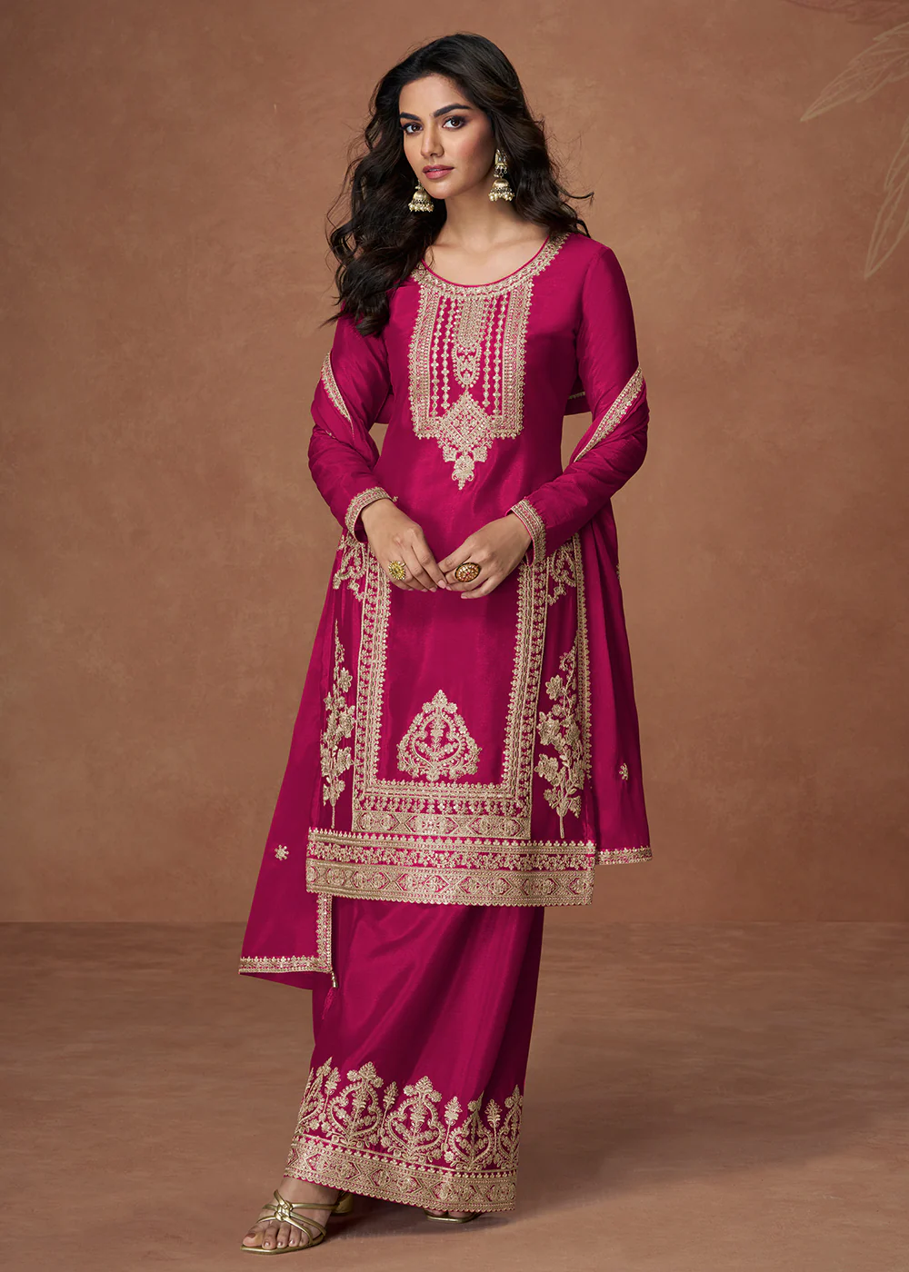 Palazzo Style Pink Embroidered Chinnon Wedding Suit