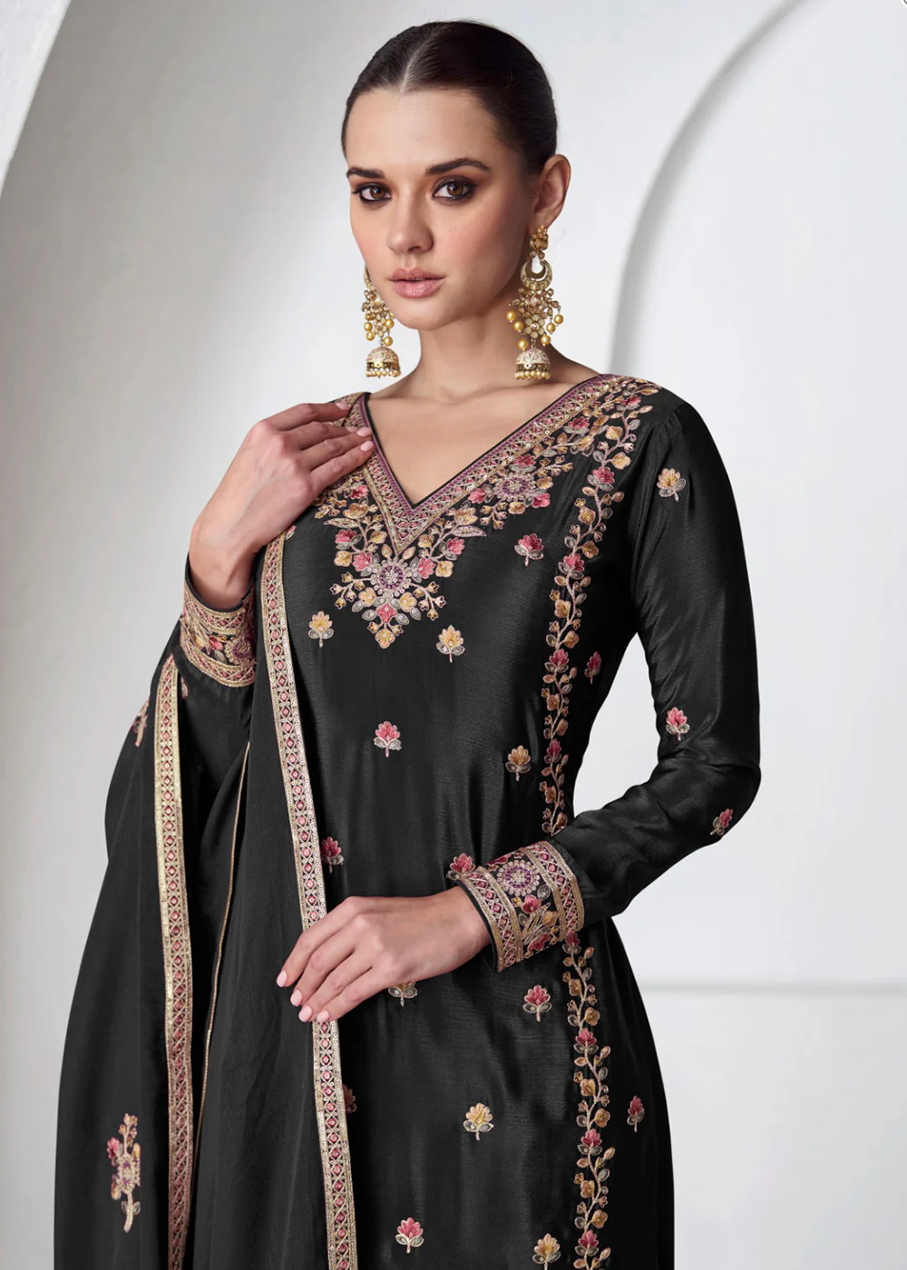 Palazzo Style Premium Chinnon Silk Black Festive Suit - Image 2