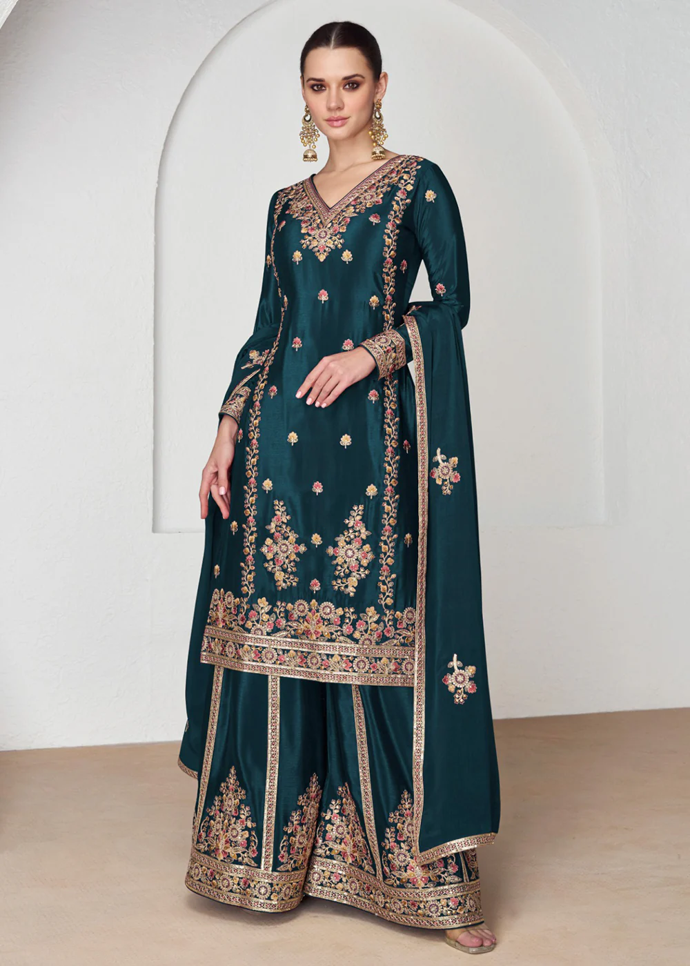 Palazzo Style Premium Chinnon Silk Teal Blue Festive Suit