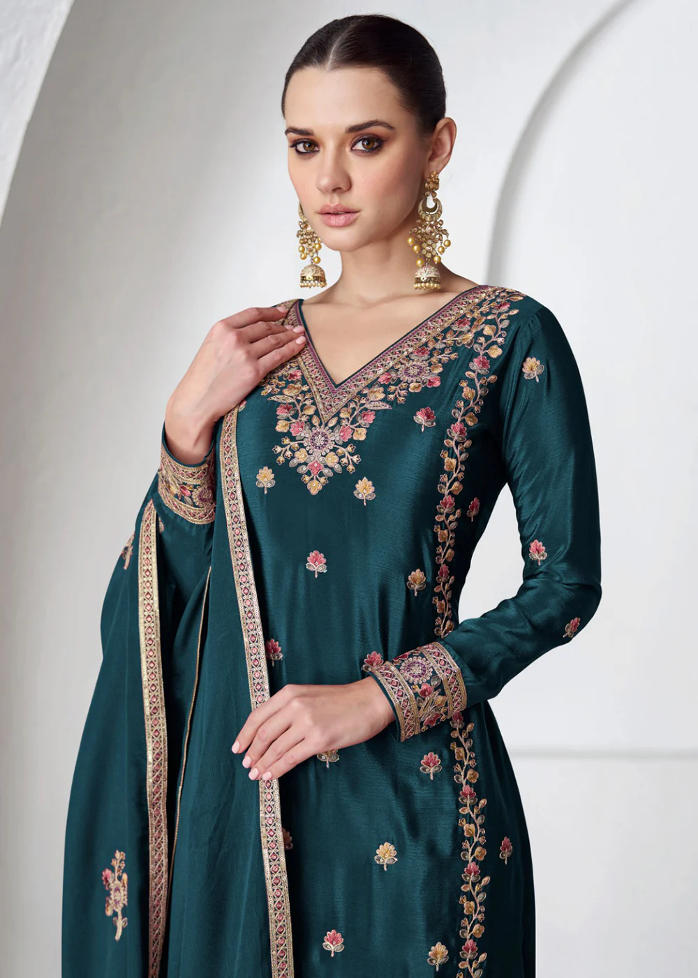 Palazzo Style Premium Chinnon Silk Teal Blue Festive Suit - Image 2