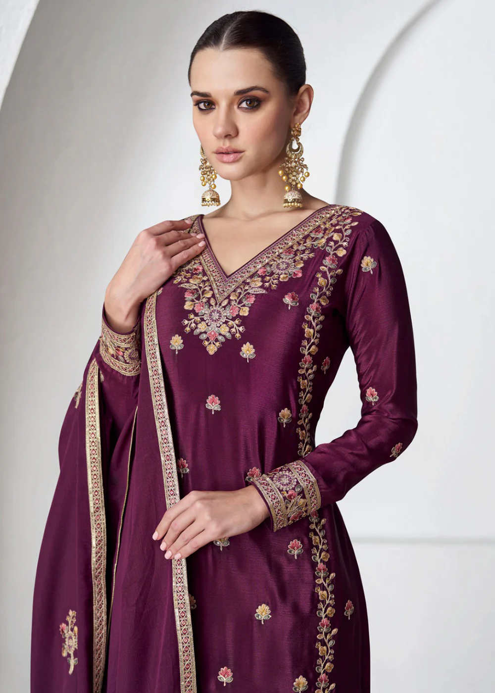 Palazzo Style Premium Chinnon Silk Wine Festive Suit - Image 2