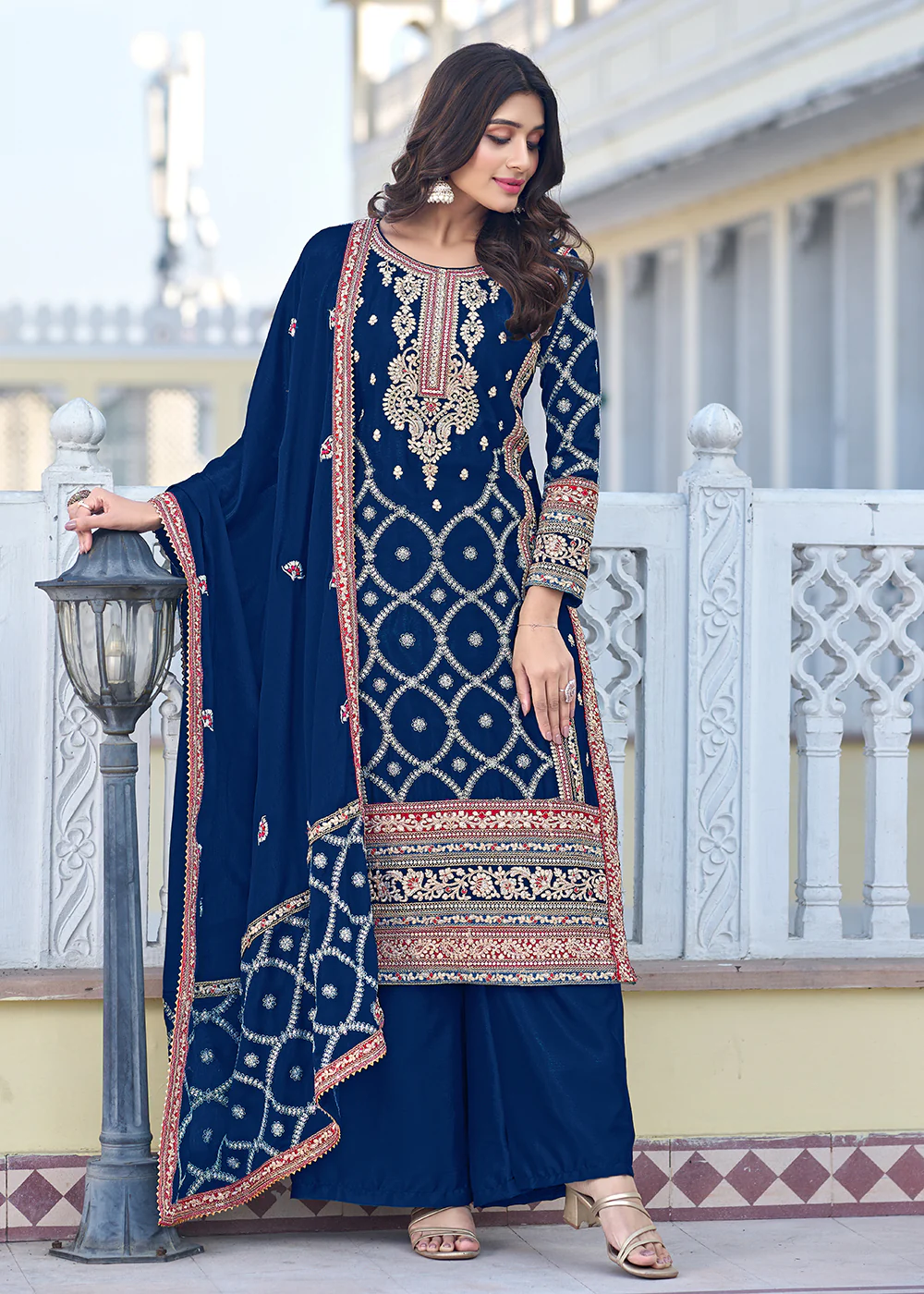 Palazzo Style Prussian Blue Chinnon Embroidered Salwar Suit - Image 3