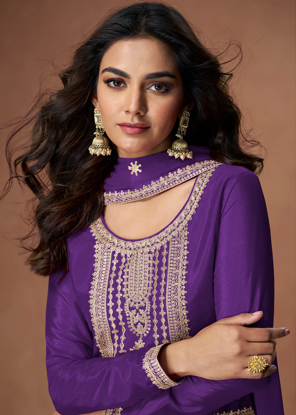 Palazzo Style Purple Embroidered Chinnon Wedding Suit - Image 2