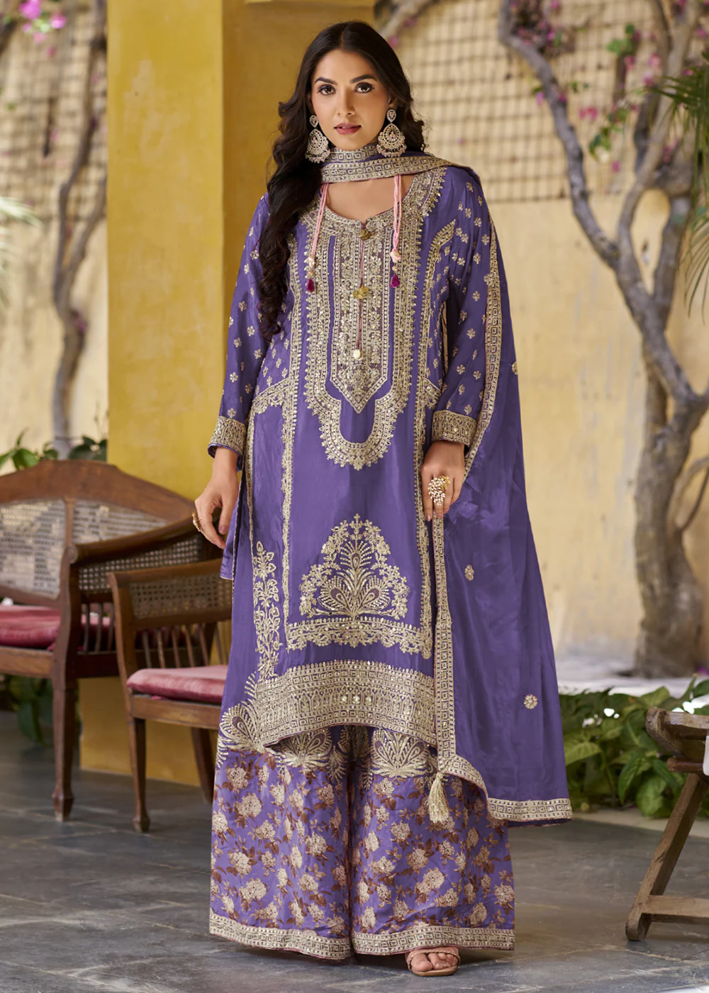 Palazzo Style Purple Embroidered Festive Wear Suit