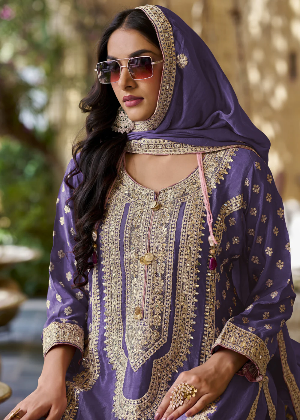 Palazzo Style Purple Embroidered Festive Wear Suit - Image 2