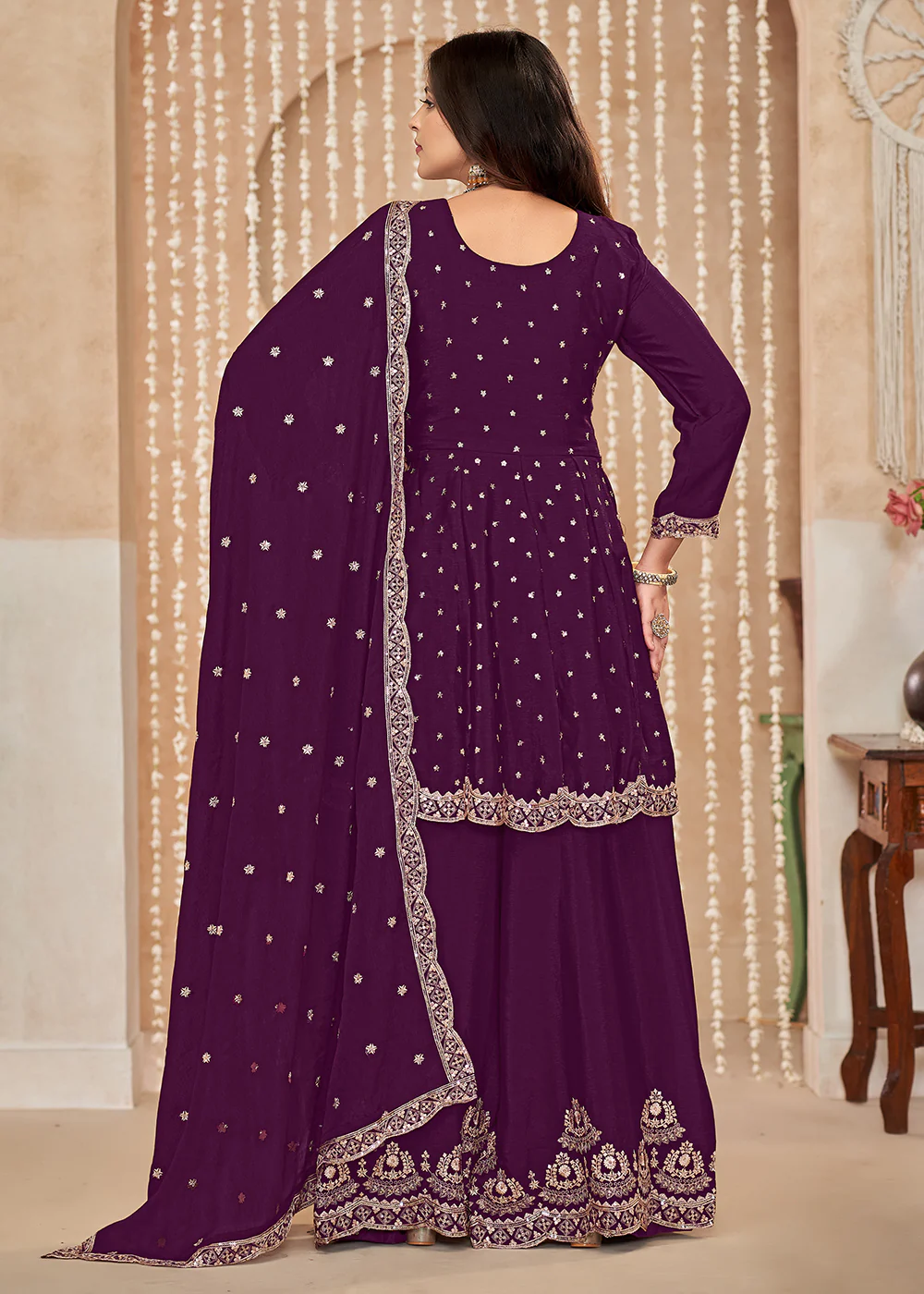 Palazzo Style Purple Embroidered Wedding Festive Suit - Image 3