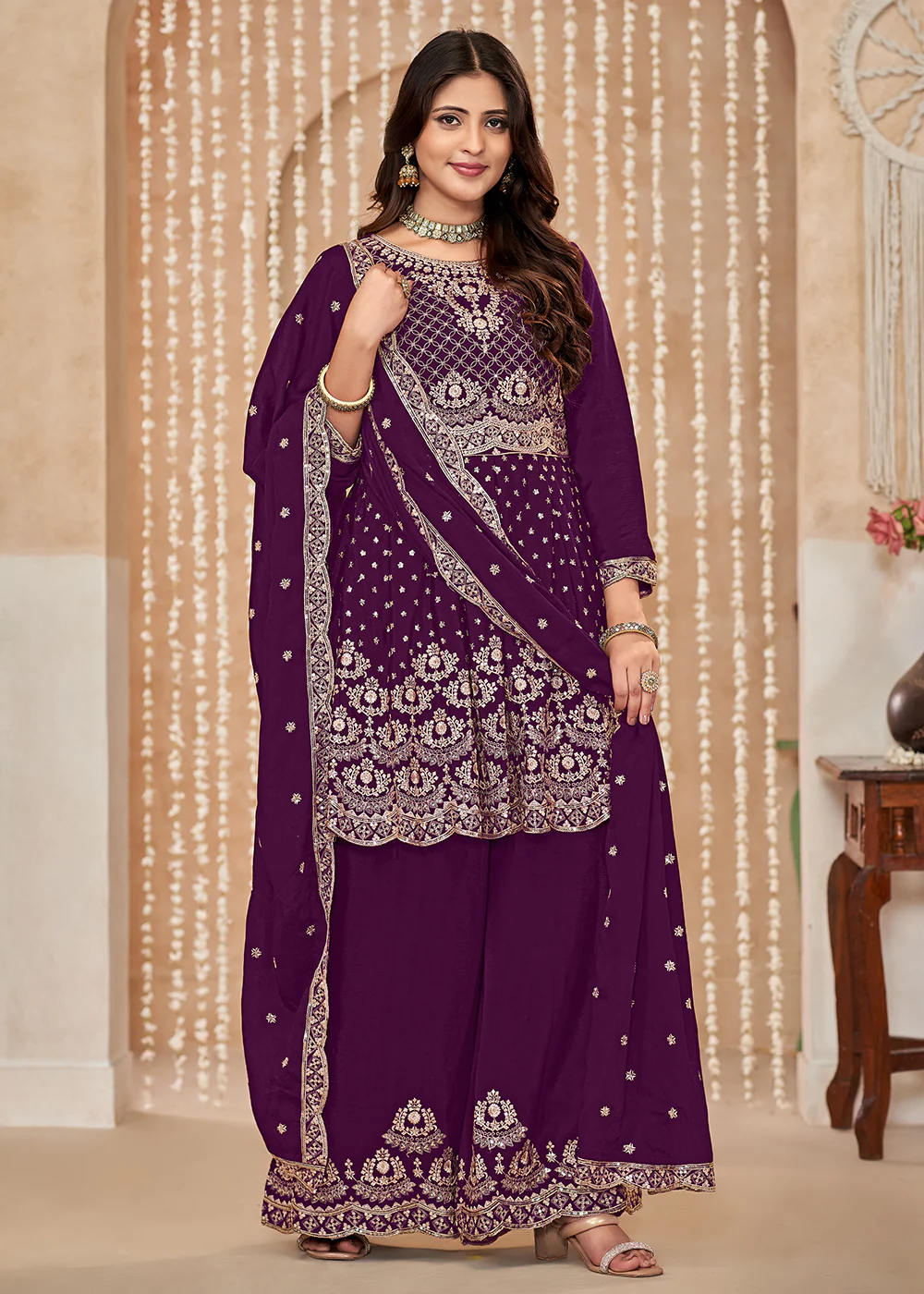Palazzo Style Purple Embroidered Wedding Festive Suit - Image 4