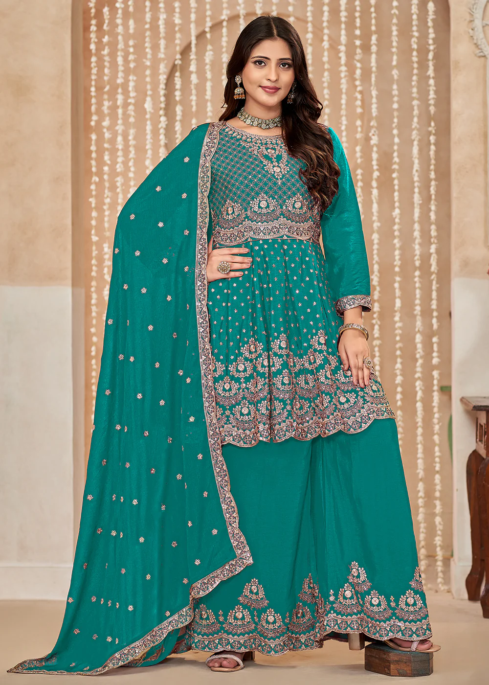Palazzo Style Rama Green Embroidered Wedding Festive Suit