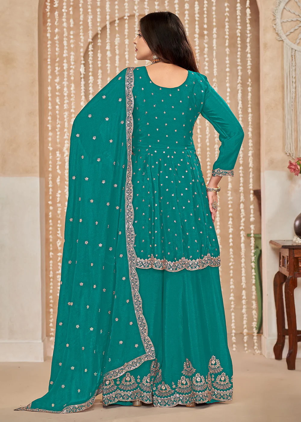 Palazzo Style Rama Green Embroidered Wedding Festive Suit - Image 3