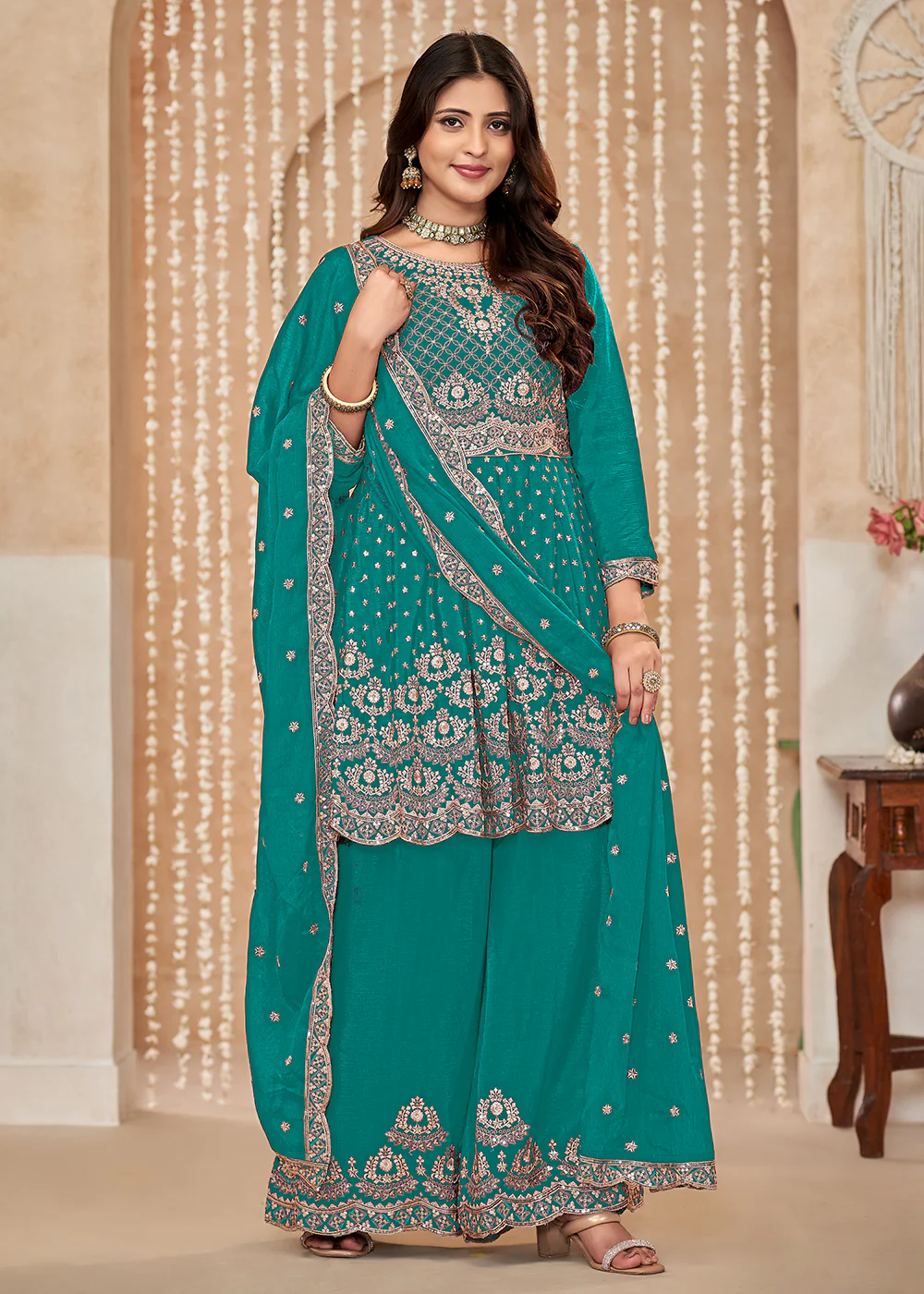 Palazzo Style Rama Green Embroidered Wedding Festive Suit - Image 4