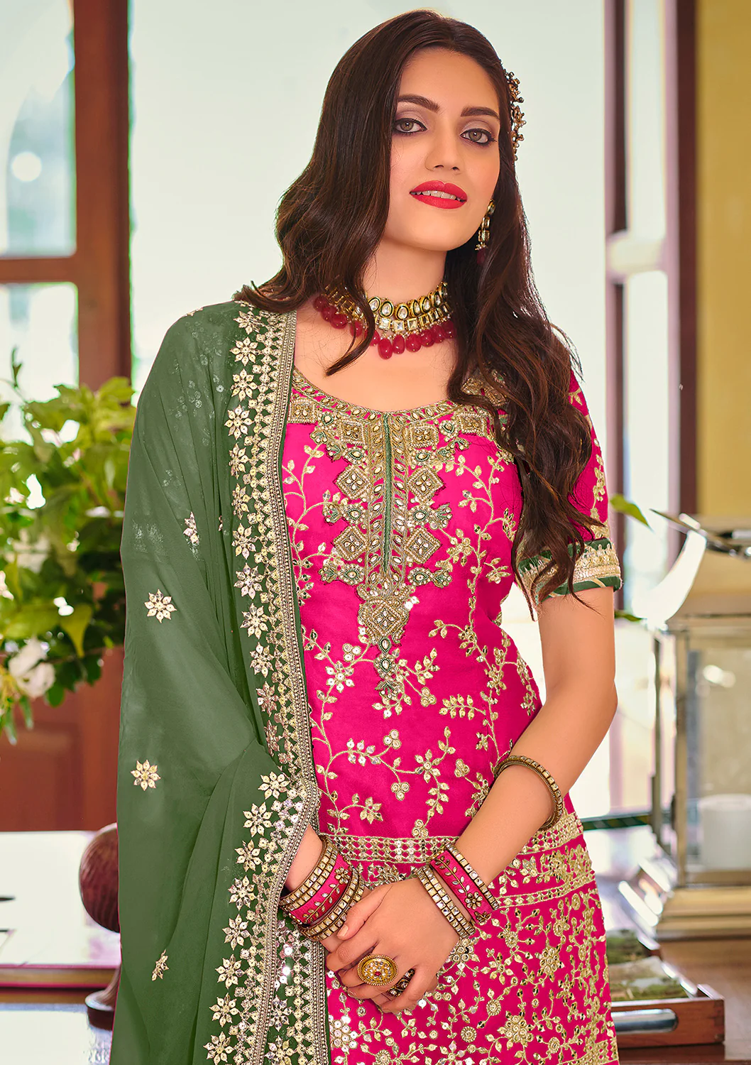 Palazzo Style Rani Pink Embellished Georgette Suit - Image 2
