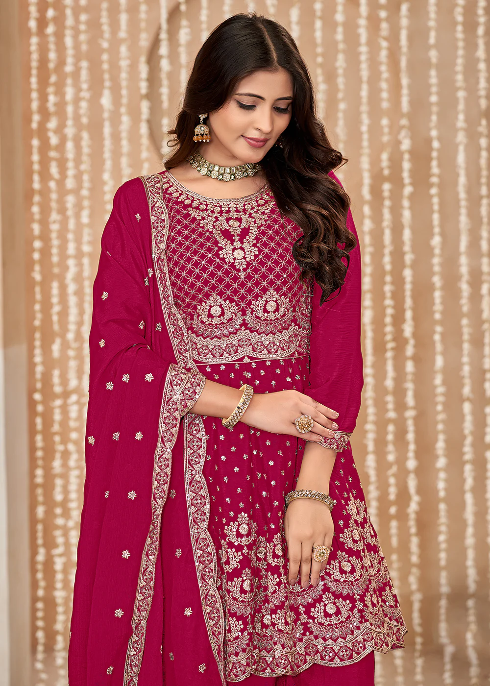Palazzo Style Rani Pink Embroidered Wedding Festive Suit - Image 2