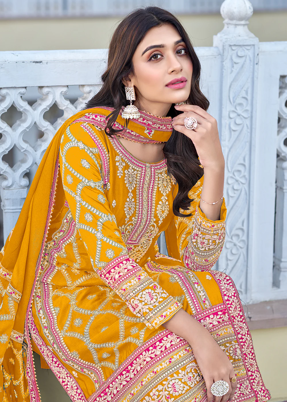 Palazzo Style Yellow Chinnon Embroidered Salwar Suit - Image 2