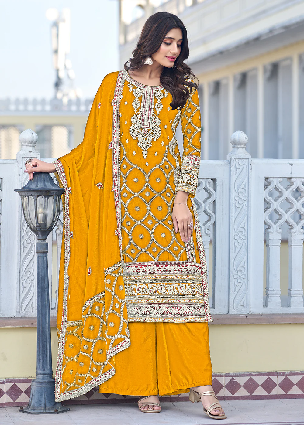 Palazzo Style Yellow Chinnon Embroidered Salwar Suit - Image 3