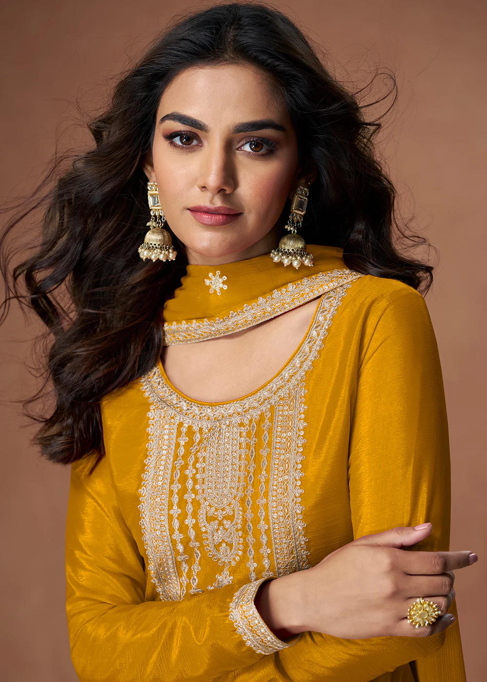 Palazzo Style Yellow Embroidered Chinnon Wedding Suit - Image 2