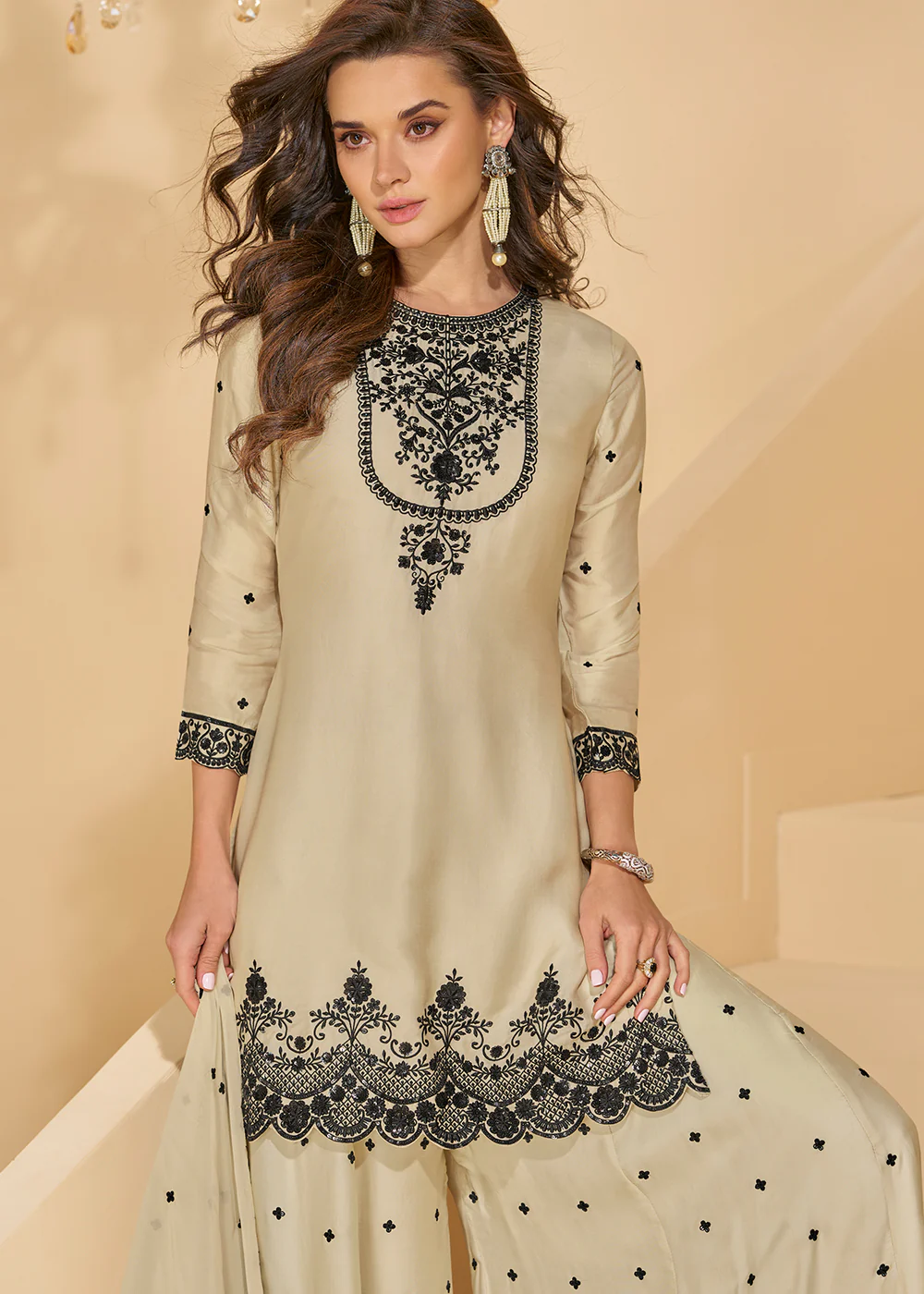 Palazzo Suit for Wedding Festive Wear in Off White - Image 3