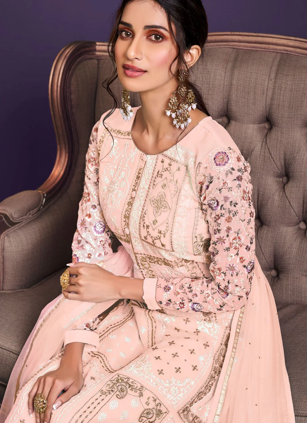 Pale Peach Pakistani Style Georgette Embroidered Salwar Suit - Image 2