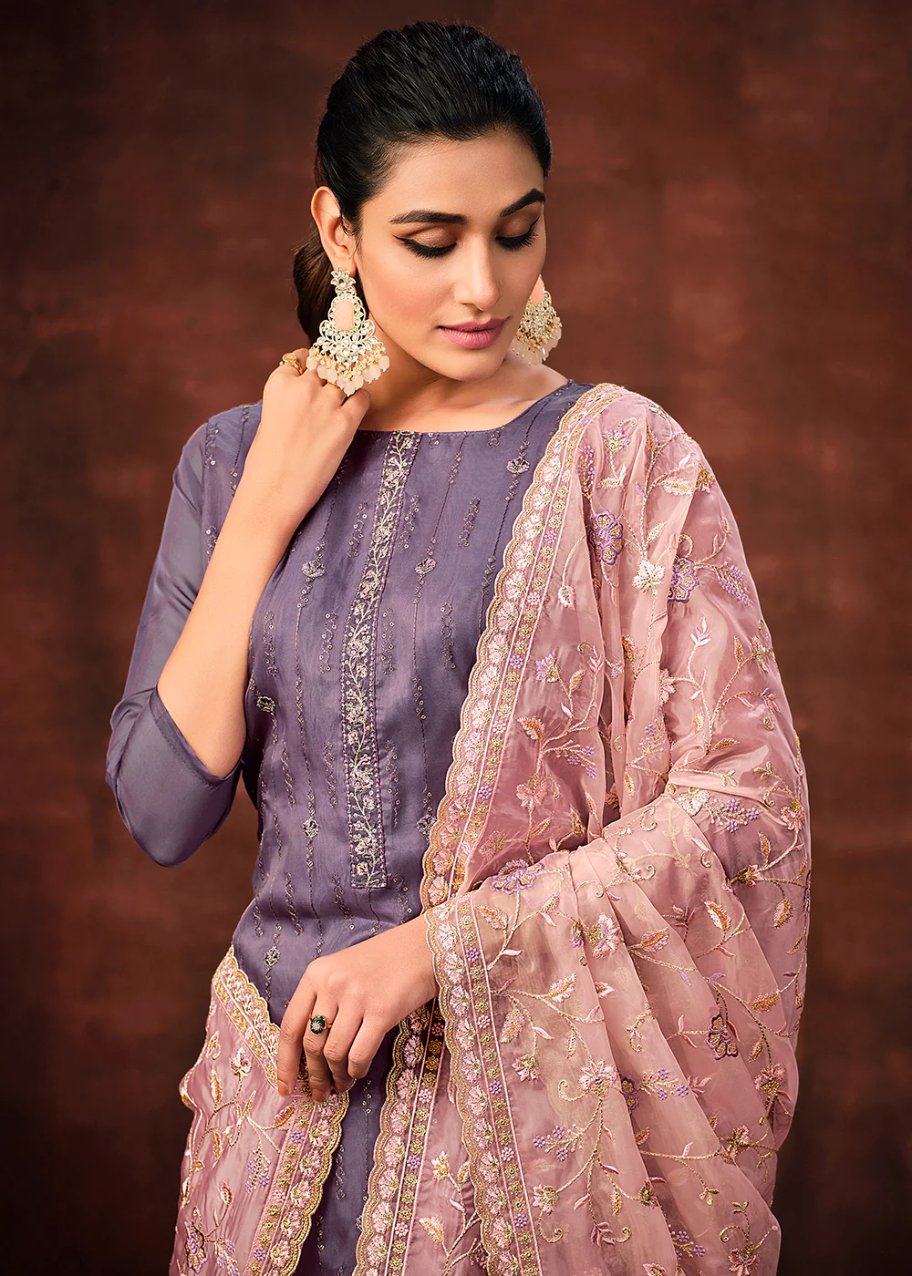 Pale Purple Shimmer Organza Embroidered Wedding Salwar Suit - Image 2